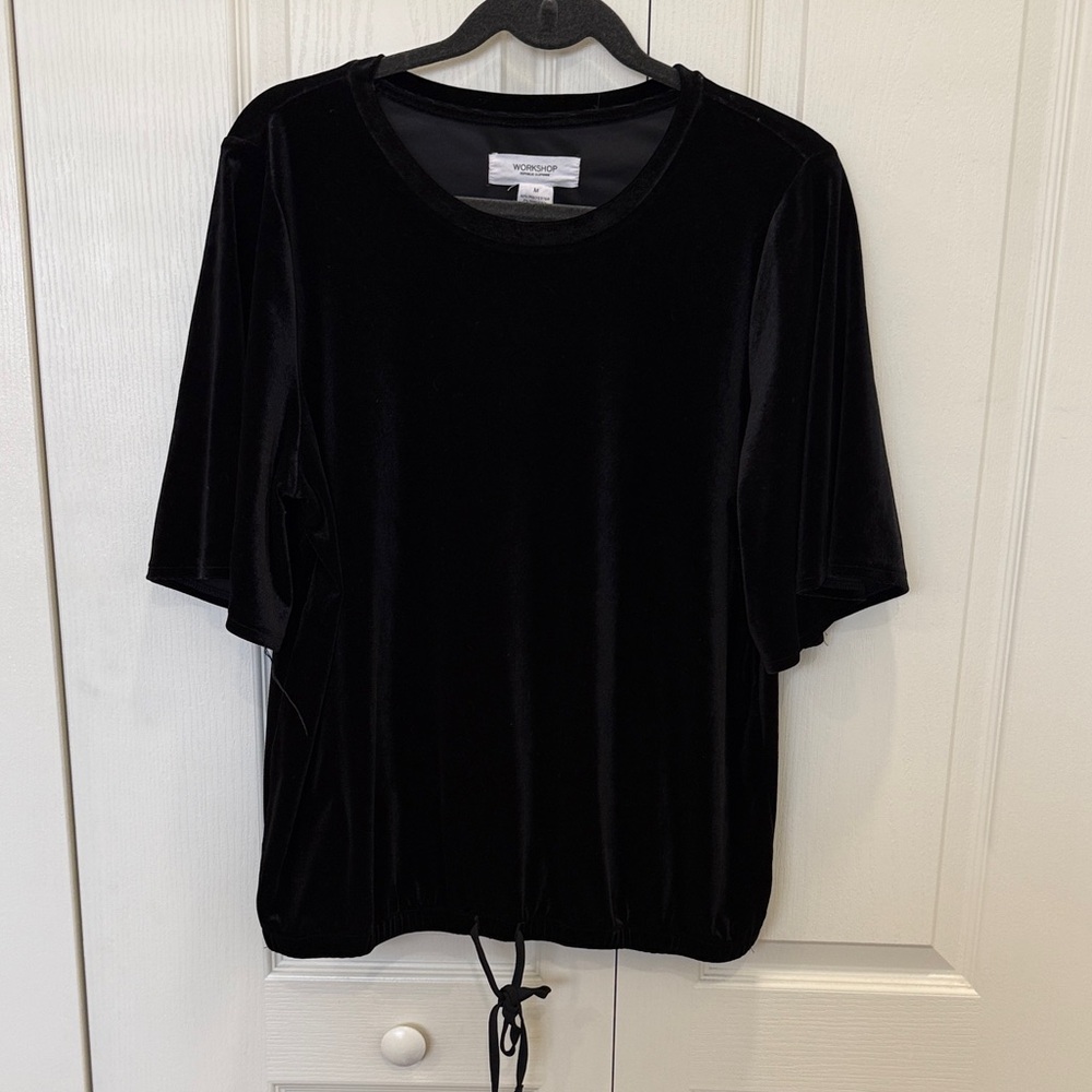 Workshop Republic Clothing Black Velvet Short Sleeve Drawstring Top